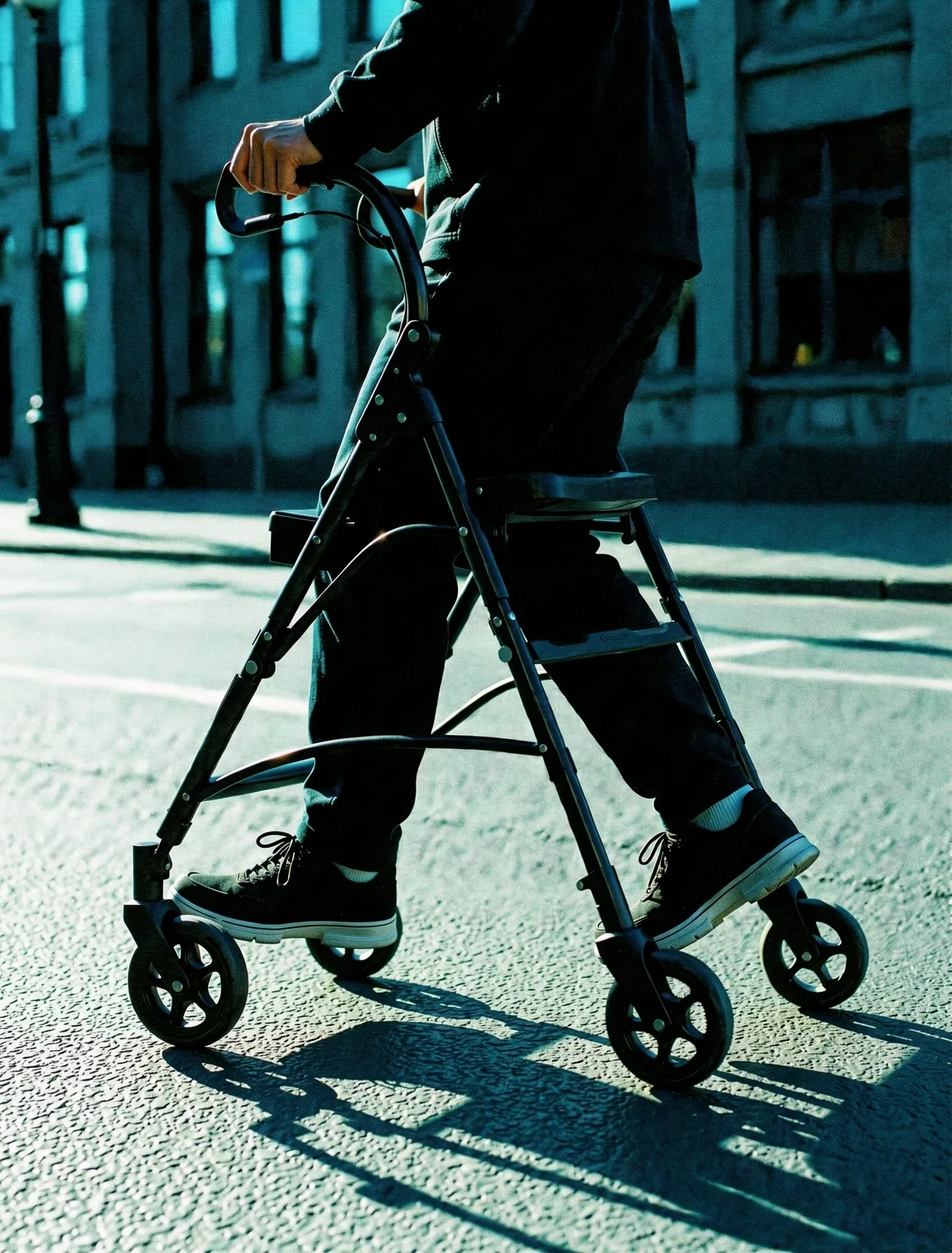Person walking with agility and light steps in an urban environment