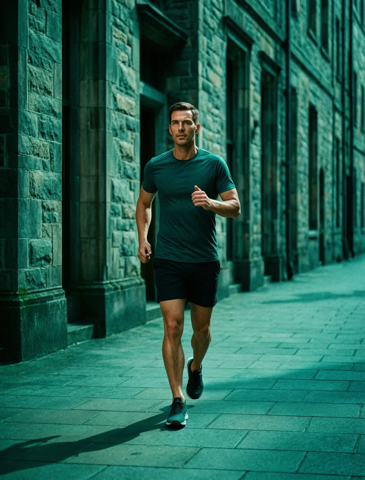 Person walking with purpose through an urban landscape